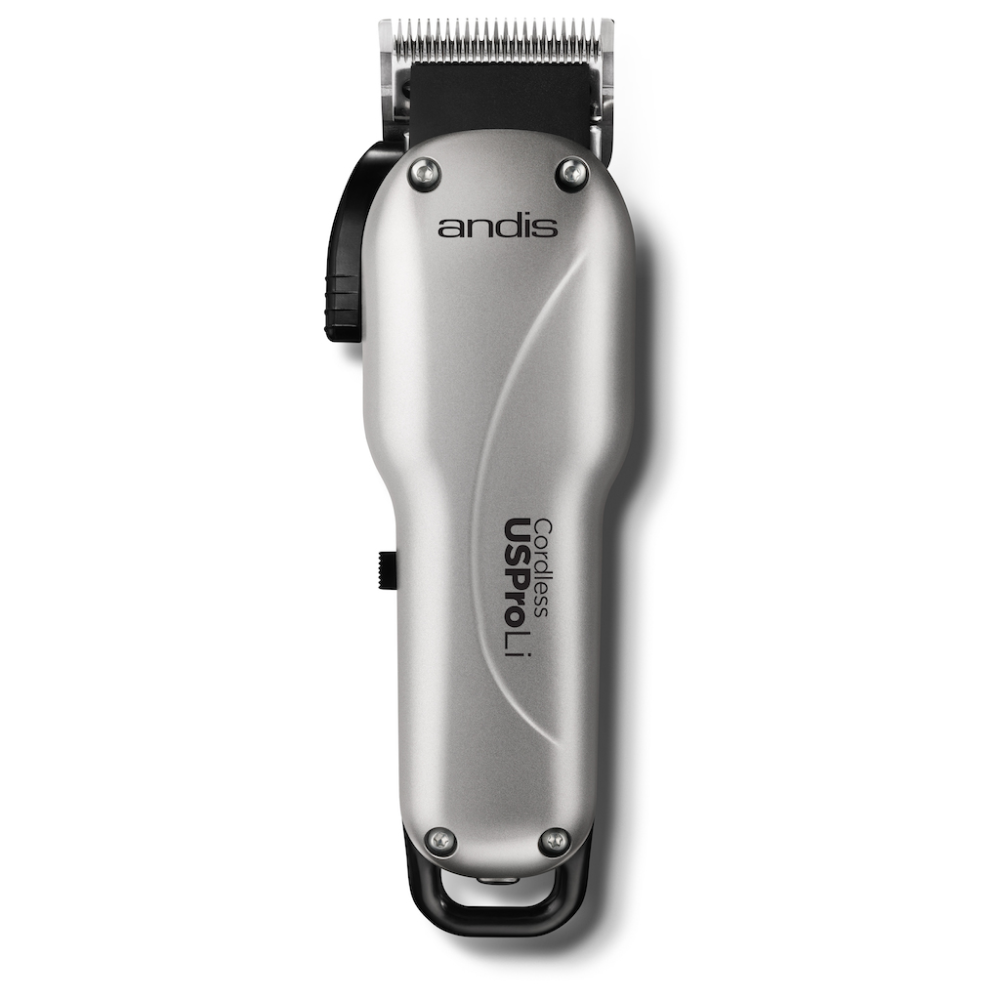 Tosatrice Andis grigio-argento con manico nero, vista di profilo, display digitale e pulsanti laterali