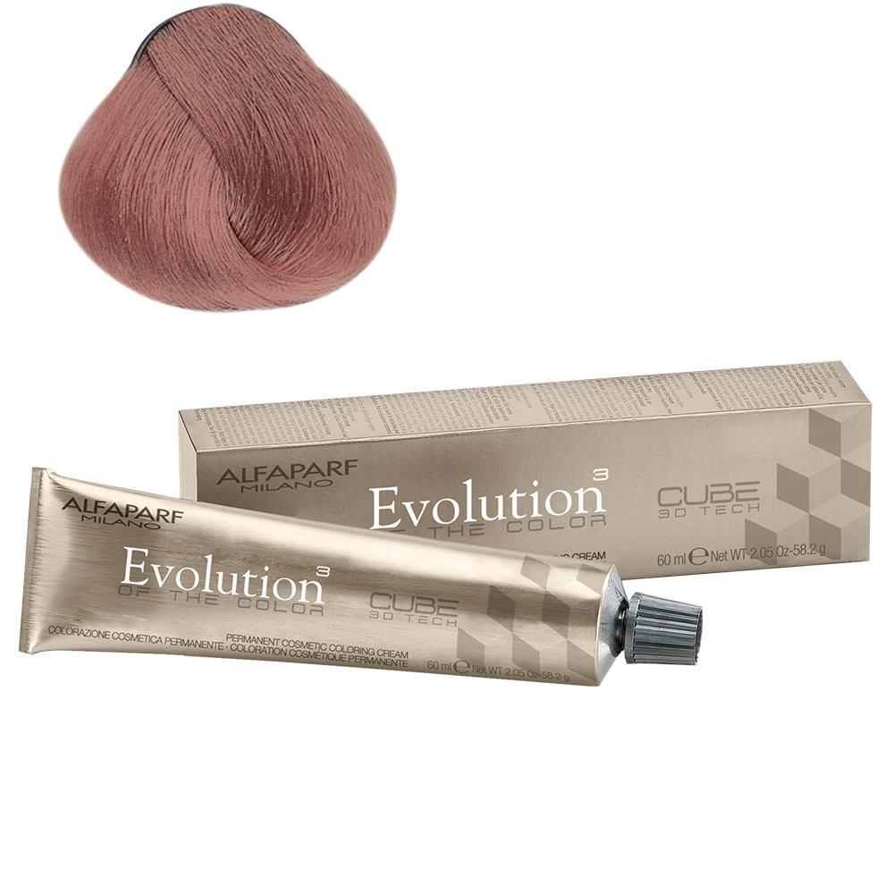 Tinta per capelli Alfaparf Evolution con ciocca campione color beige glacé, scatola e tubo