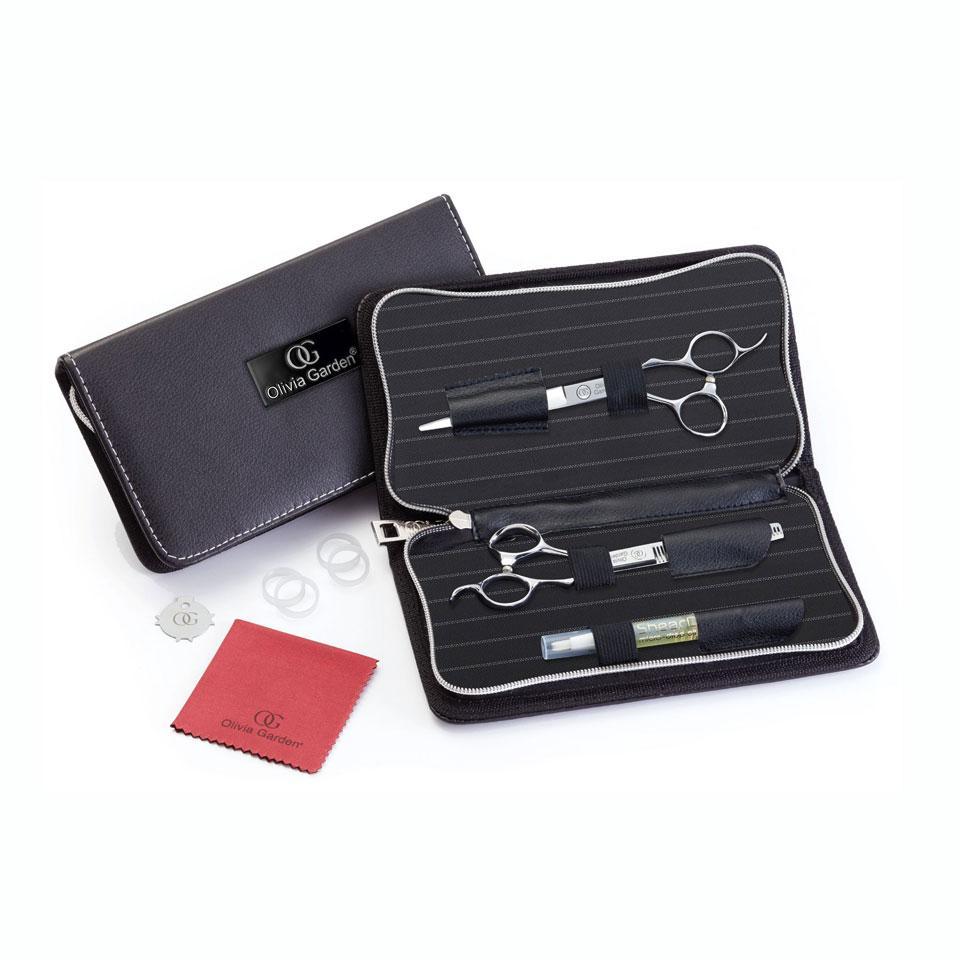 olivia-garden-kit-forbice-taglio-5.75''-silkcut-pro Kit Silkcut Pro aperto: forbice, pettine, accessori e panno rosso