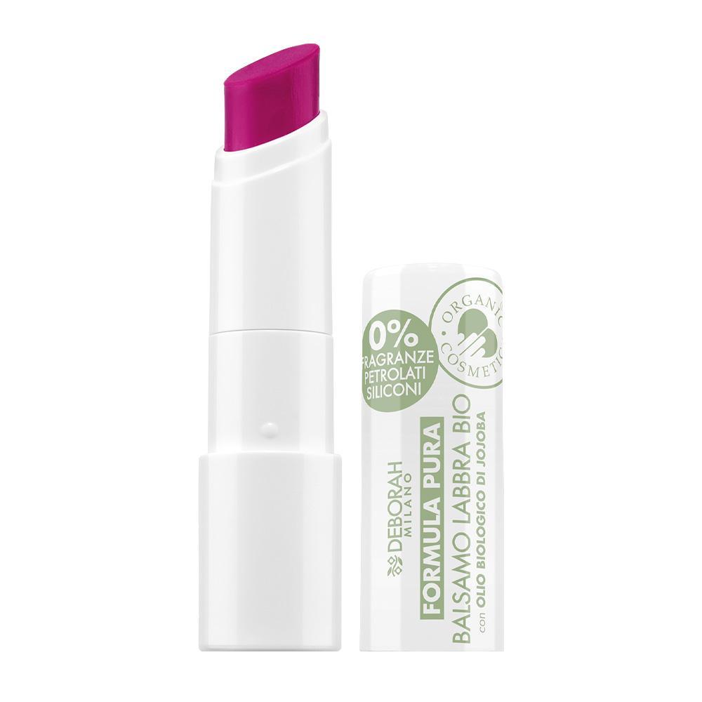 Balsamo labbra bio bianco con tappo rosa e packaging informativo