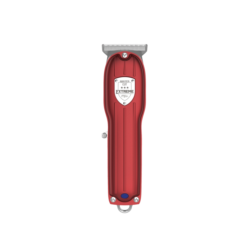 mp-hair-tosatrice-cordless-master-cut-extreme Tosatrice cordless rossa vista frontalmente con testina e corpo