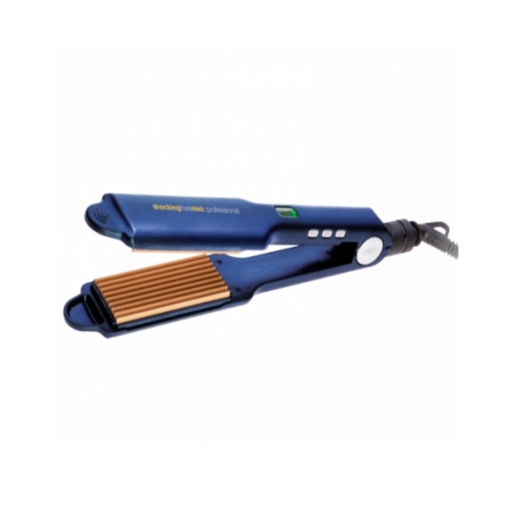 mp-hair-piastra-frise-mini-shocking Piastra per capelli con piastre ondulate in ceramica/titanio, manico blu, dettagli bianco e nero, su fondo bianco