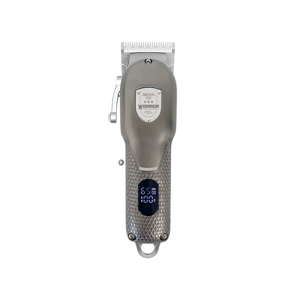 mp-hair-tosatrice-cordless-master-cut-warrior Tosatrice cordless grigia con display digitale, vista frontale e di profilo