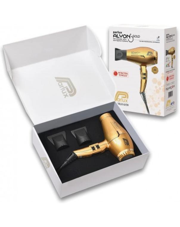 Parlux Phon Alyon Gold Luxury: confezione bianca aperta con phon dorato visibile