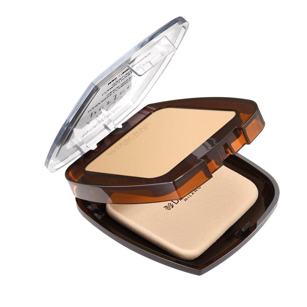 Fondotinta compatto aperto con specchio e coperchio trasparente, tonalità Light Beige