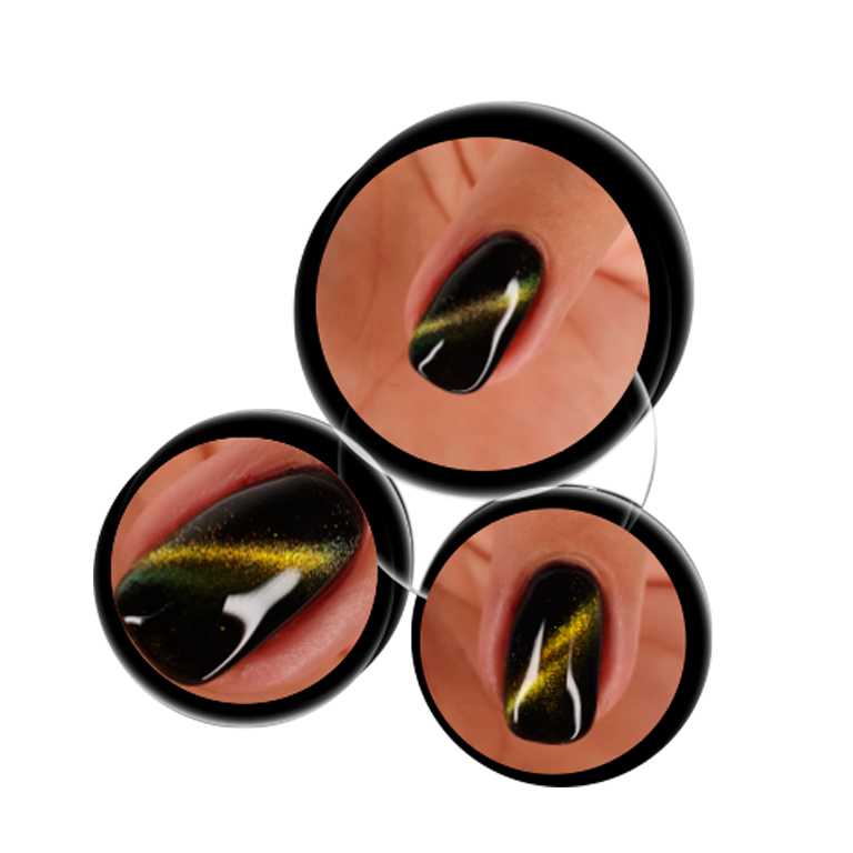 layla-gel-semipermanente-magnetico-cat-eye-n.2-oro-5ml Applicazione gel cat eye magnetico oro su unghie con effetto magnetico