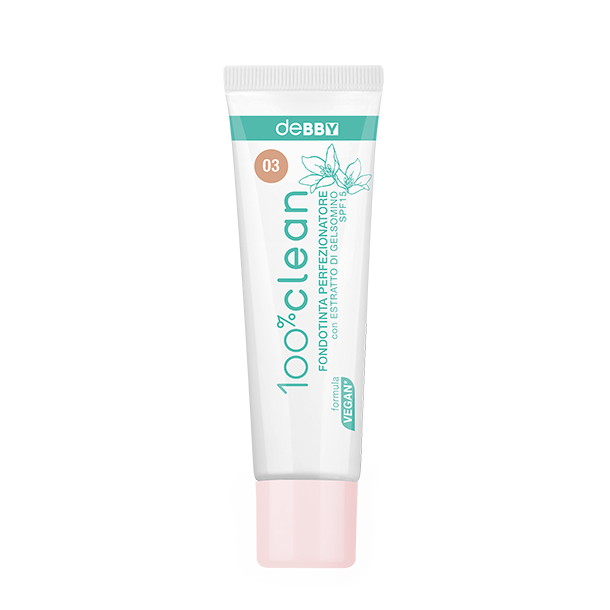 Tubo di fondotinta Debby Perfezionatore 100% Clean 03 con tappo rosa su sfondo nero