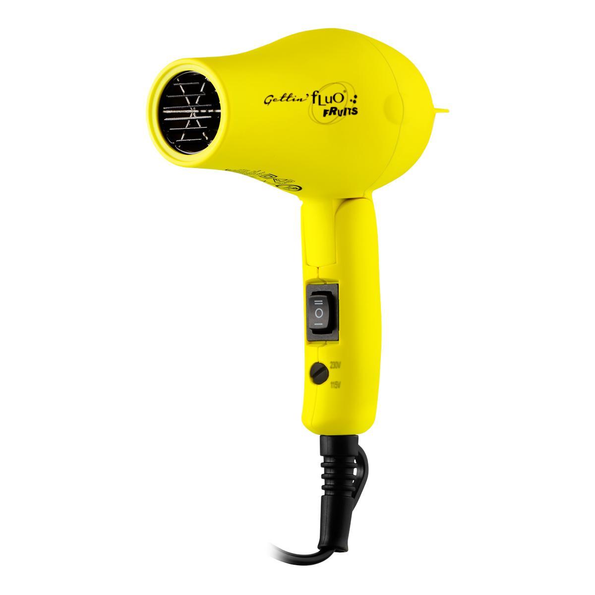 Asciugacapelli portatile Labor Mini vista laterale, corpo giallo, tubo e diffusore nero, su sfondo bianco