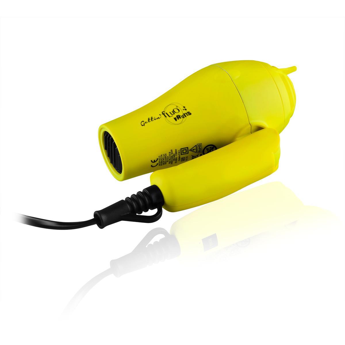 Labor Mini Asciugacapelli Da Viaggio Giallo vista laterale, posizionato orizzontalmente con tubo e cavo nero