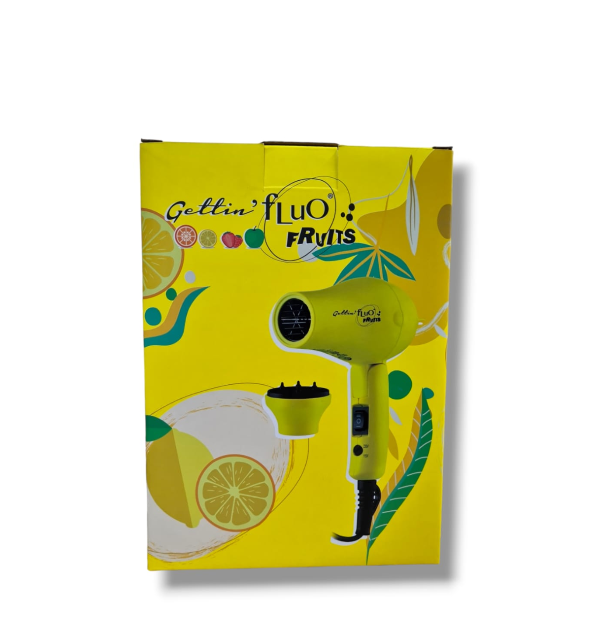Confezione del Labor Mini Asciugacapelli Da Viaggio Giallo su sfondo bianco