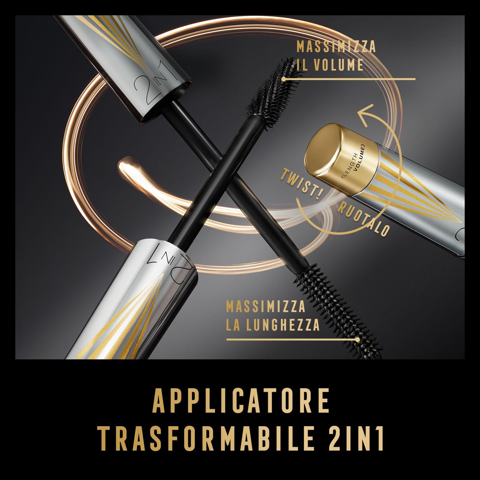 max-factor-mascara-masterpiece-2-in-1 Mascara Masterpiece disposti su superficie riflettente con testi grafici