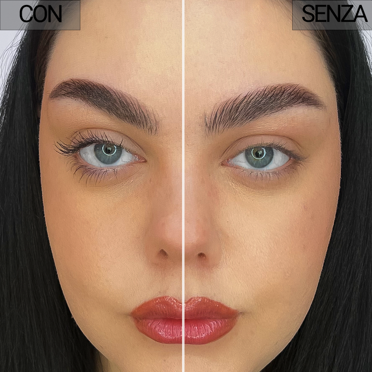 Confronto prima e dopo: volto con mascara Layla Longer The Better Waterproof applicato a sinistra e senza mascara a destra