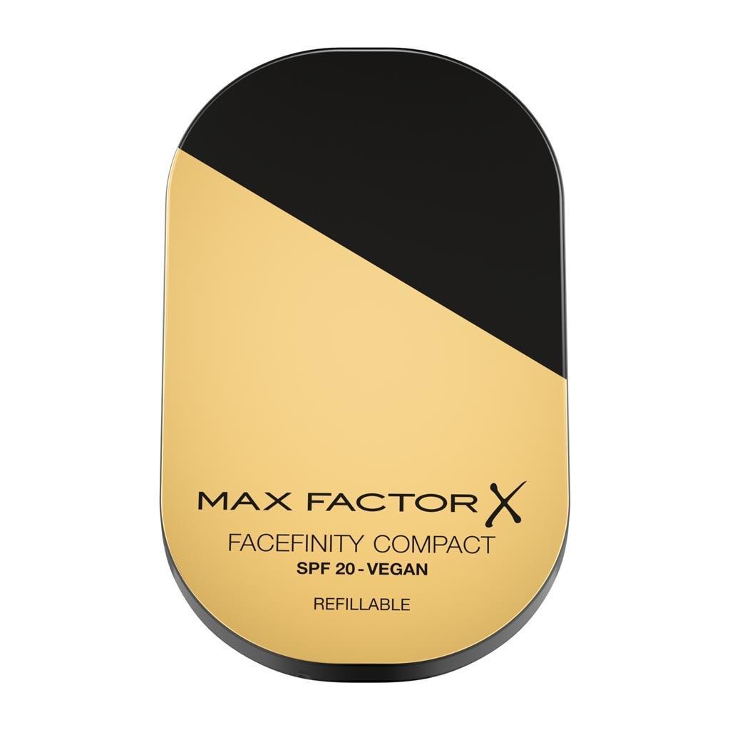 Fondotinta compatto ripreso frontalmente: packaging beige con coperchio nero e etichette