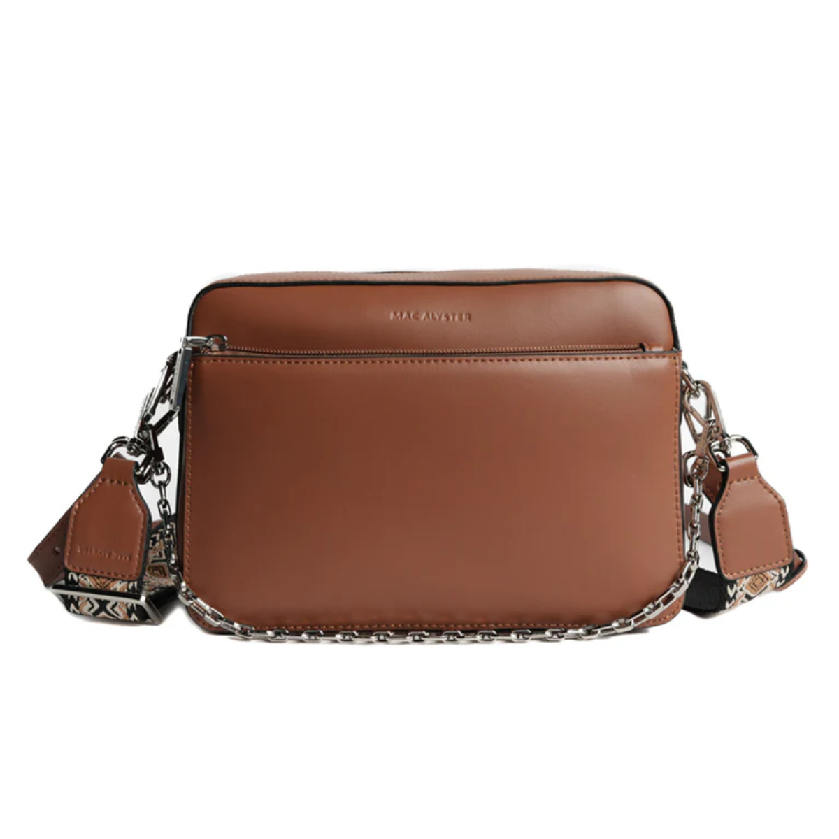 Borsa a spalla in pelle cognac con tracolla in tessuto stampato, vista frontale con fermagli metallici