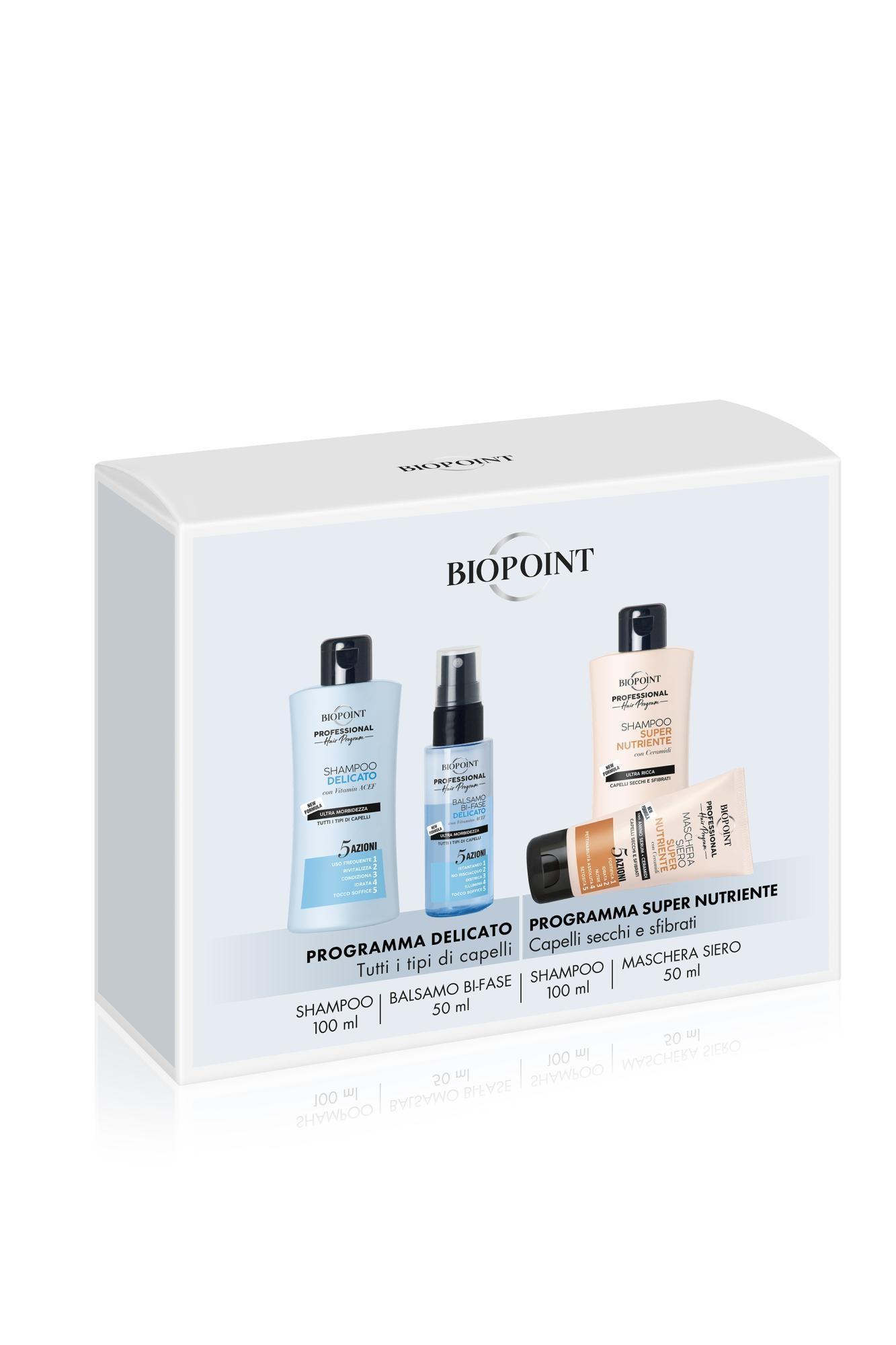 biopoint-cofanetto-minisize-shampoo-super-nutriente-100ml-+-maschera-siero-super-nutriente-50ml-+-shampoo-delicato-100ml-+-balsamo-bifase-delicato-50ml Biopoint Cofanetto Minisize Shampoo Super Nutriente 100ML + Maschera Siero Super Nutriente 50ML + Shampoo Delicato 100ML + Balsamo Bifase Delicato 50ML