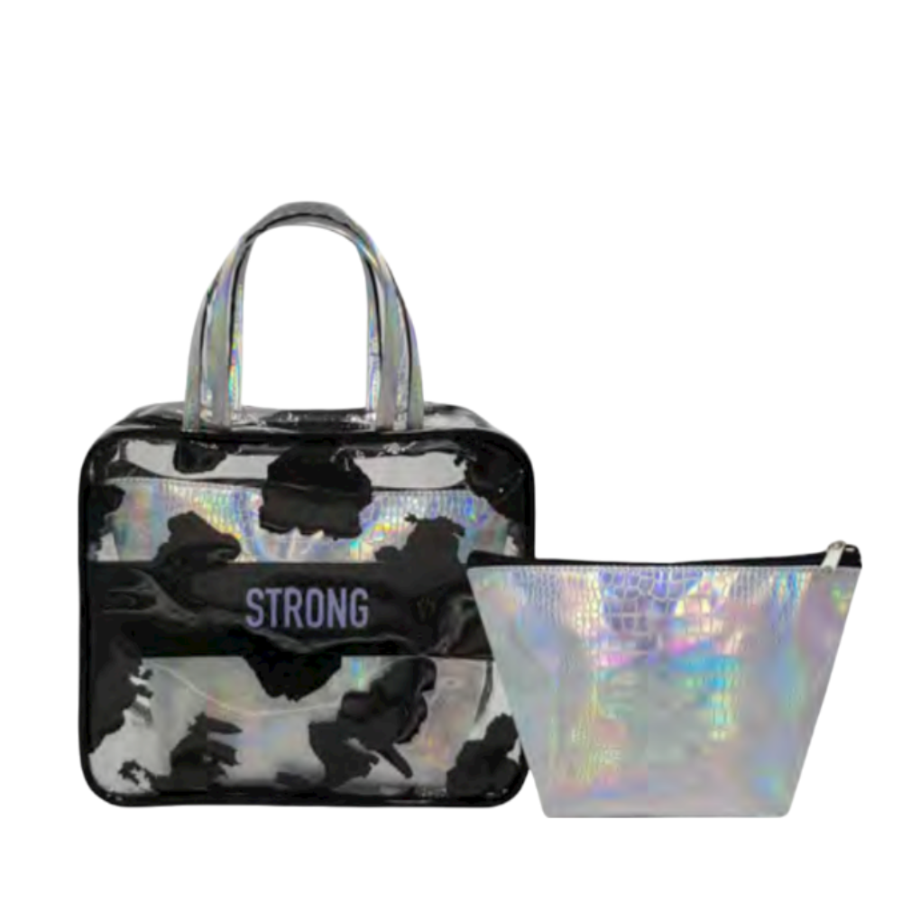 Borsa e pochette Shausa Maria Aroya in bianco e nero con pattern, manici e dettagli in pelle