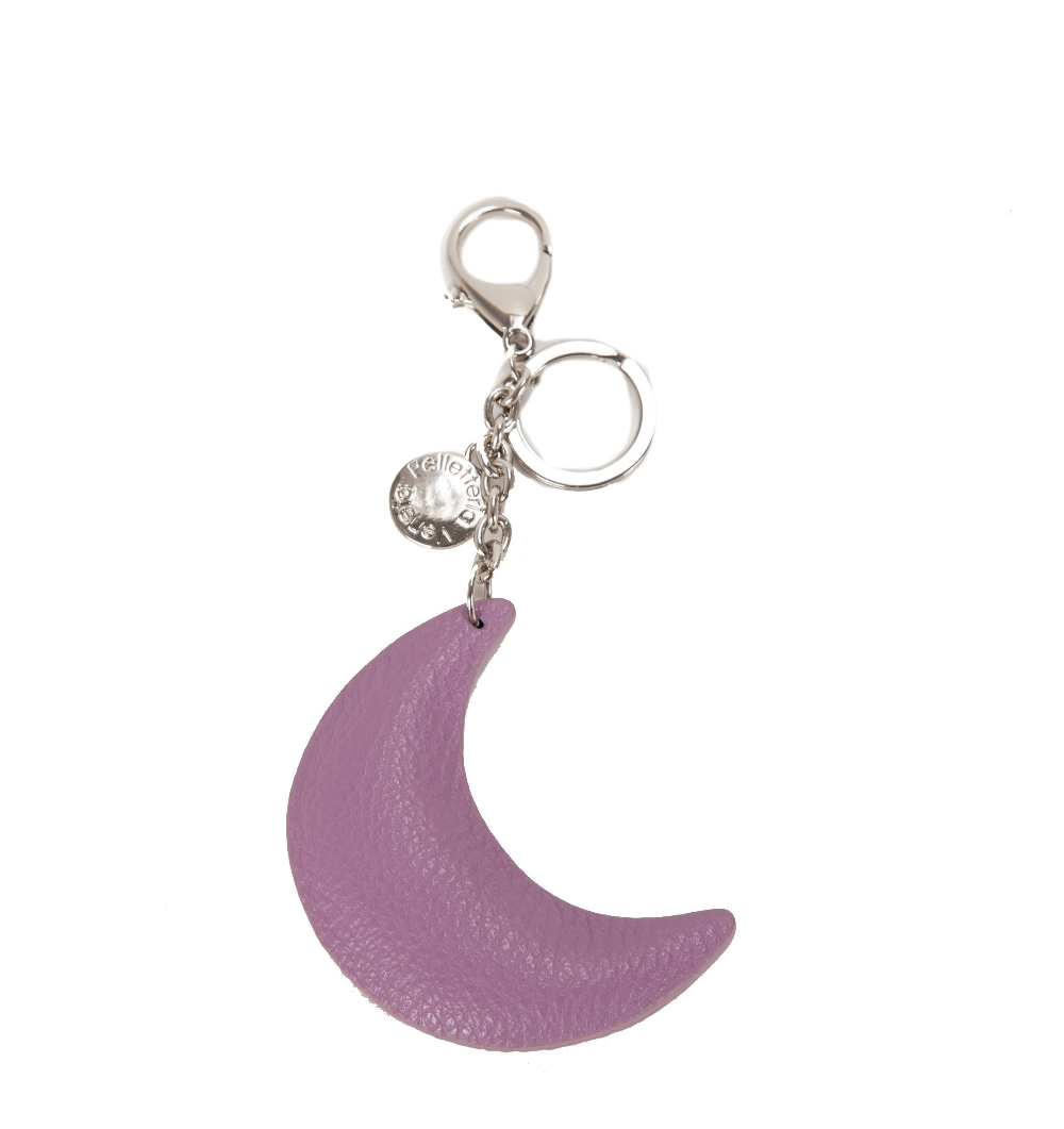 Portachiavi in pelle a forma di luna, rosso bordeaux, con anelli e charm metallici