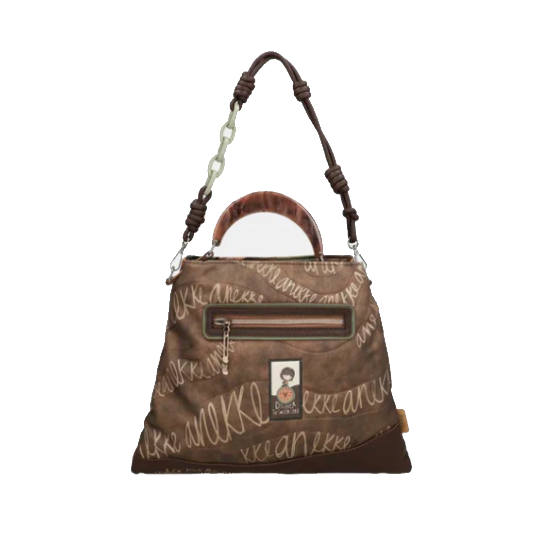 Borsa marrone con motivi stampati, manici in cuoio, dettagli metallici e catena decorativa