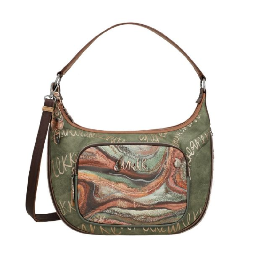Anekke borsa a spalla con manico, verde oliva con decorazioni floreali