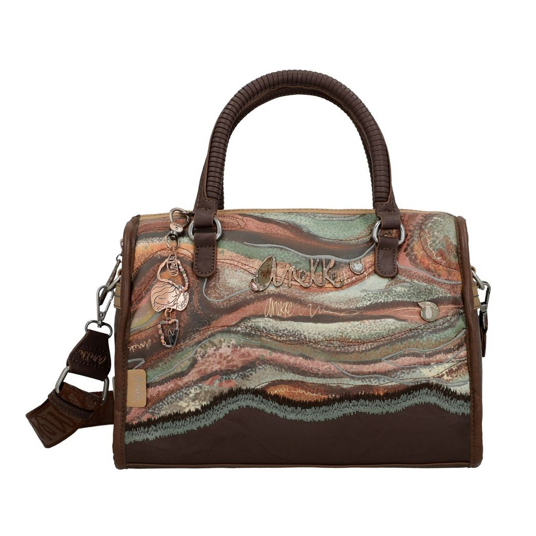 Borsa a mano ANEKKE con manici e tracolla, pattern decorativo e dettagli marrone