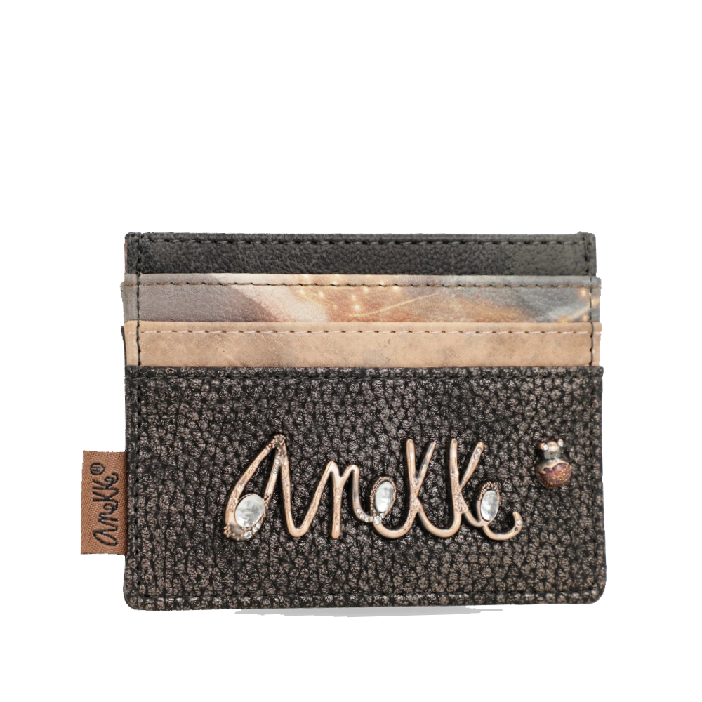 Portacarte ANEKKE in pelle grigia con logo ricamato, bande decorative e dettagli in cuoio