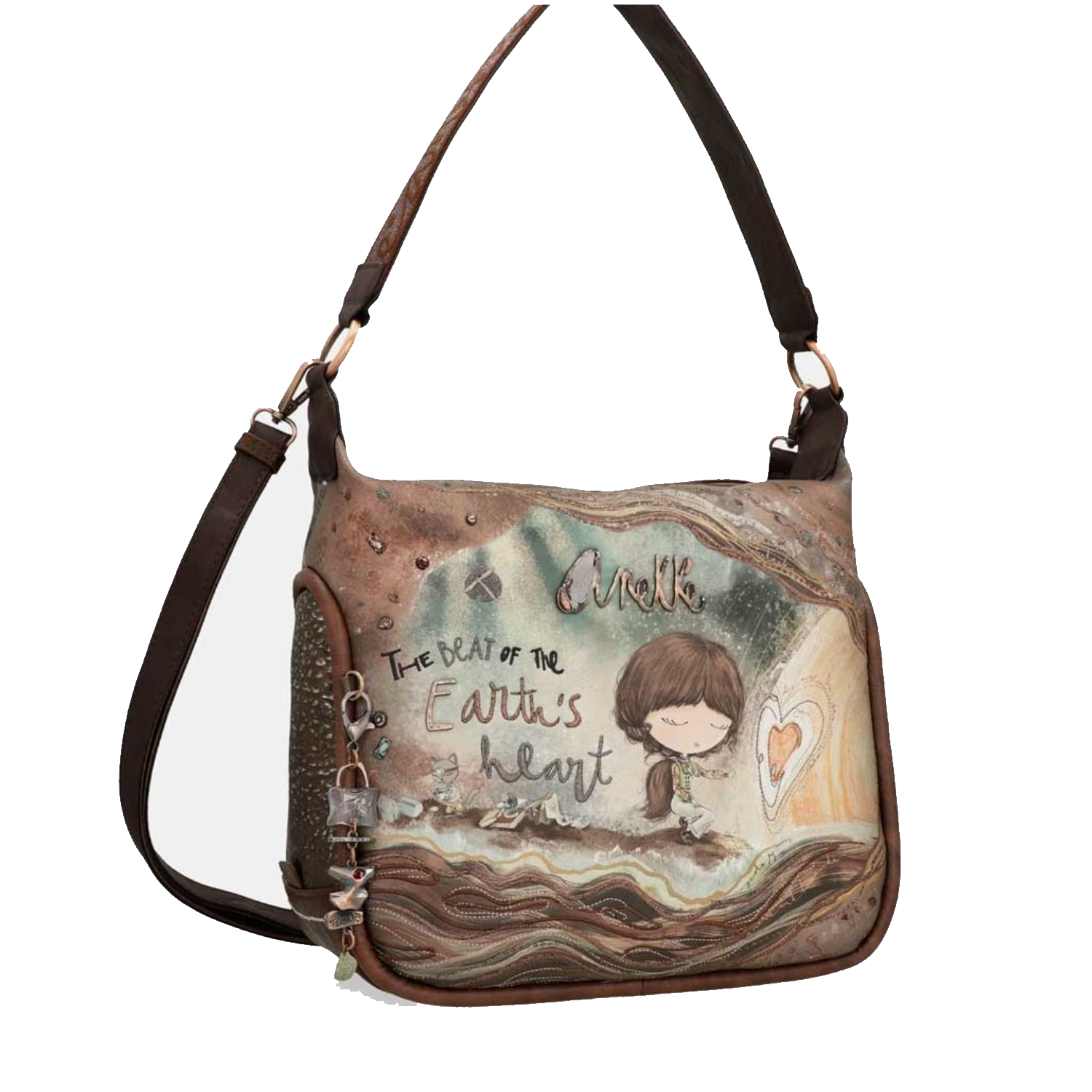Borsa ANEKKE a spalla marrone con decorazioni, bambina e scritte, manichi in cuoio