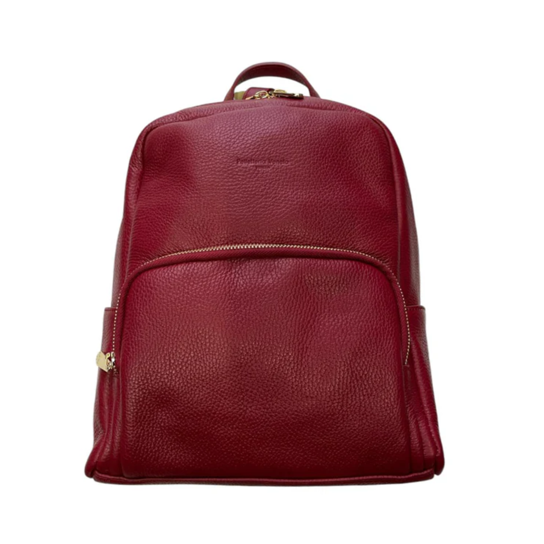 Zaino in pelle rosso rubino con manici e tasca frontale
