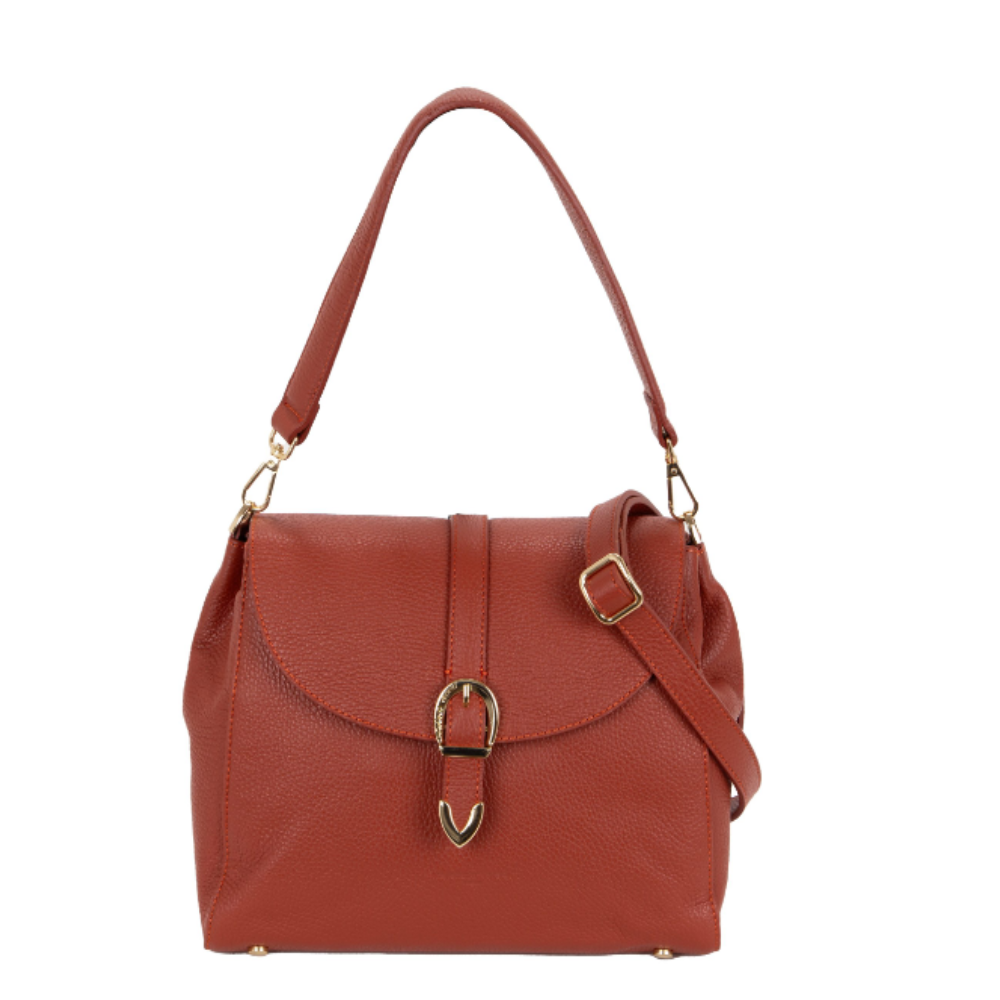 Borsa a spalla in pelle color mattone con manici e dettagli metallici