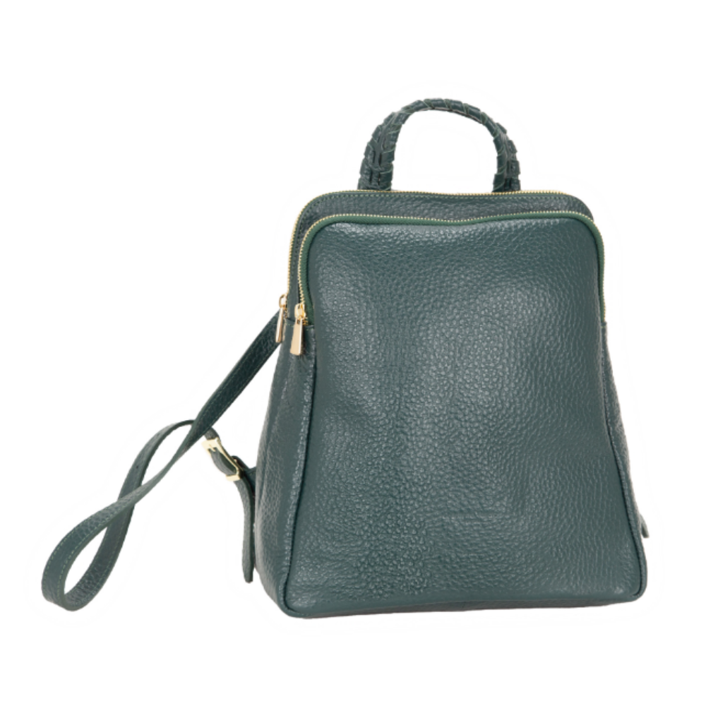 Zaino in pelle verde con manici e tracolla