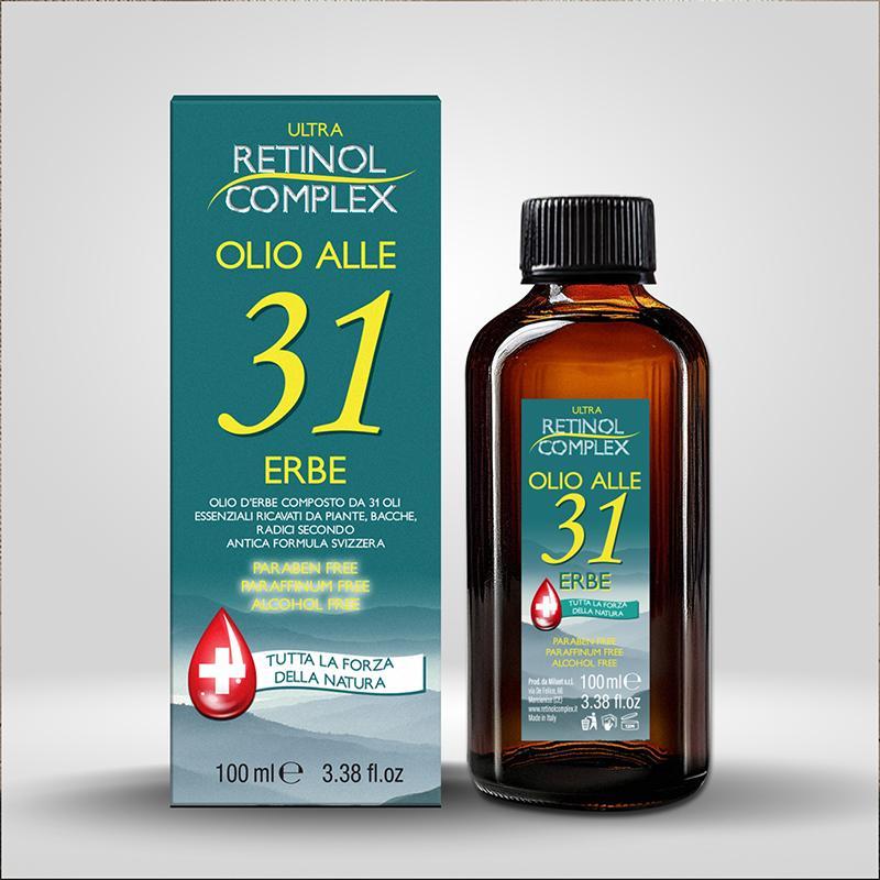 ultra retinol retinol complex olio alle 31 erbe 100ml 320 - foto 1 Confezione e flacone di olio Ultra Retinol Complex 100ml con scatola verde e flacone in vetro ambrato