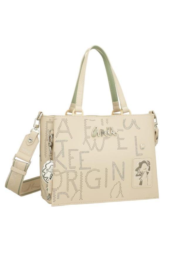 Borsa tote ANEKKE con manico sintetico, colore beige naturale, stampe frontali e cinghia laterale