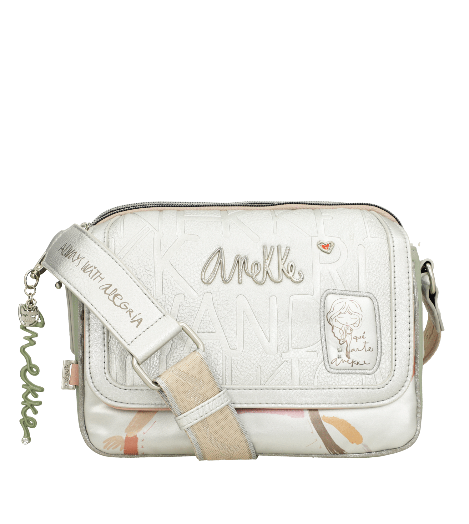 anekke-borsa-a-tracolla-in-canvas-rivestito-40603-349 Borsa a tracolla canvas beige con logo Anekke ricamato e ciondolo decorativo