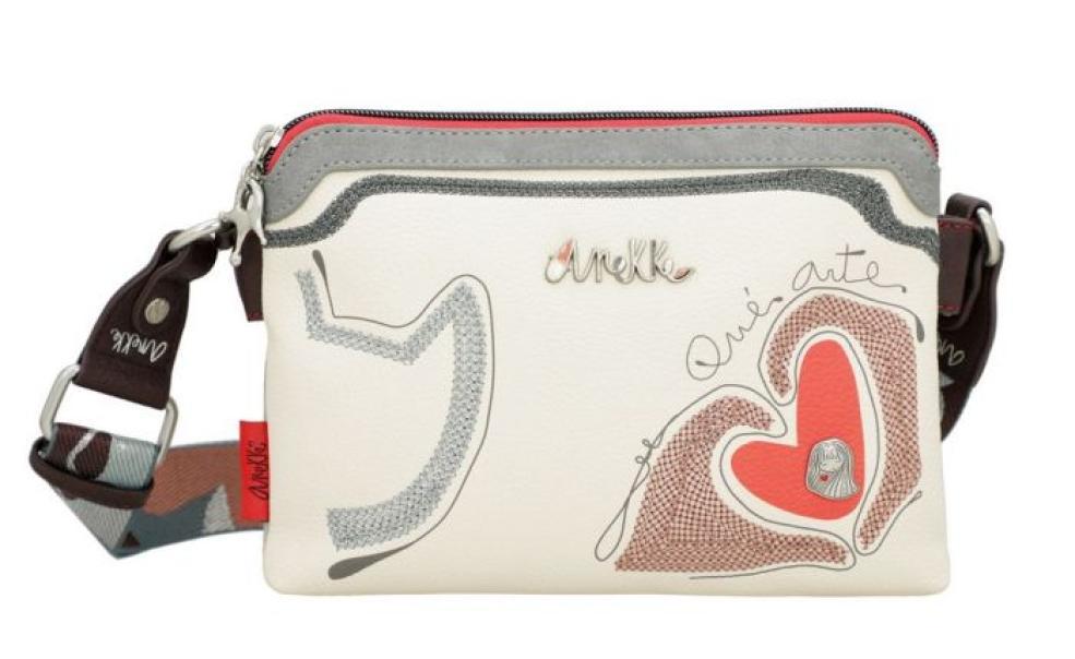 Borsa beige con dettagli rossi, cuore decorativo, tracolla tessuto multicolore