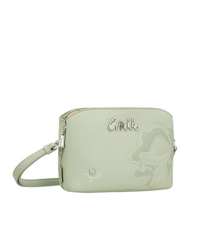 Borsa Alma vista frontale, colore menta, con tracolla e logo Anekke
