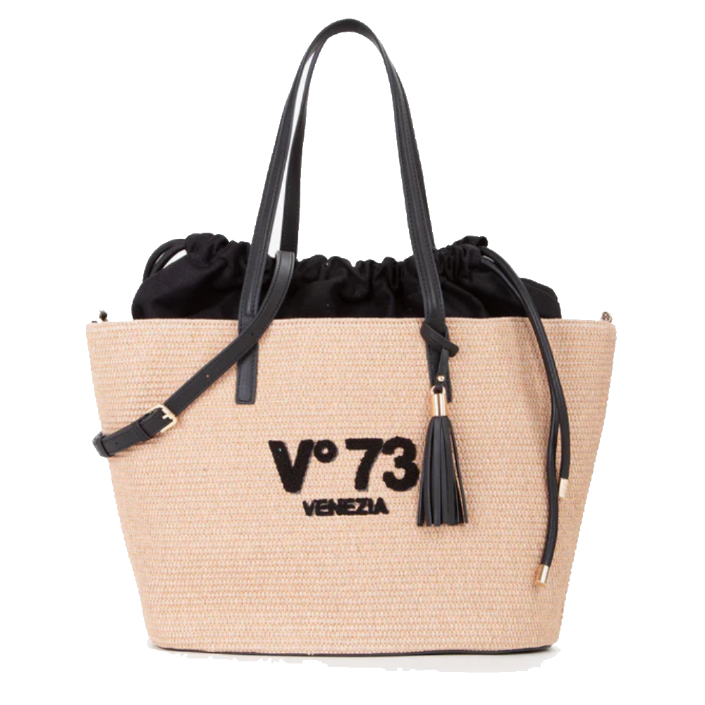 vu00b073-borsa-sintetica-donna-inge-natural/nero Borsa donna Inge con manici: tela beige naturale e dettagli in similpelle nera, forma morbida con fiocco