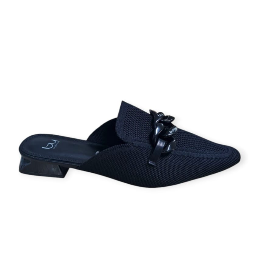Mule donna in tessuto blu scuro con dettaglio catena dorata
