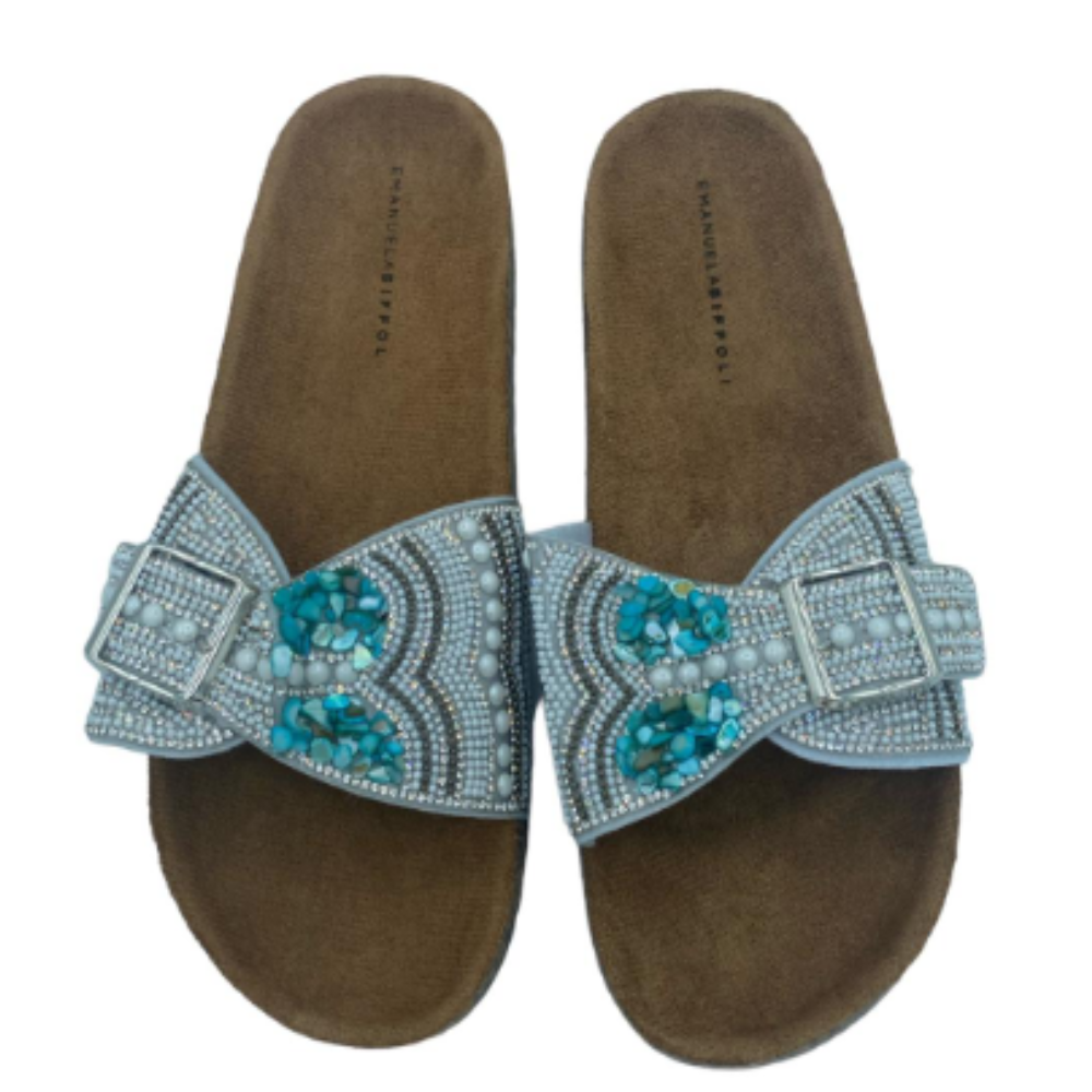Sandali da donna con fascia decorata in perline e strass, marrone, vista dall'alto