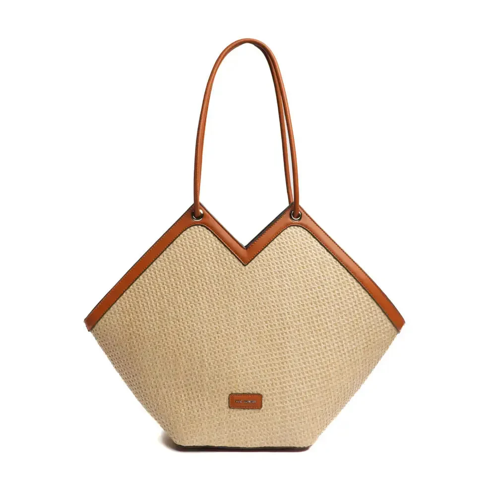 Borsa shopping MAC ALYSTER colore cognac, vista frontale, manici in pelle e corpo in tessuto