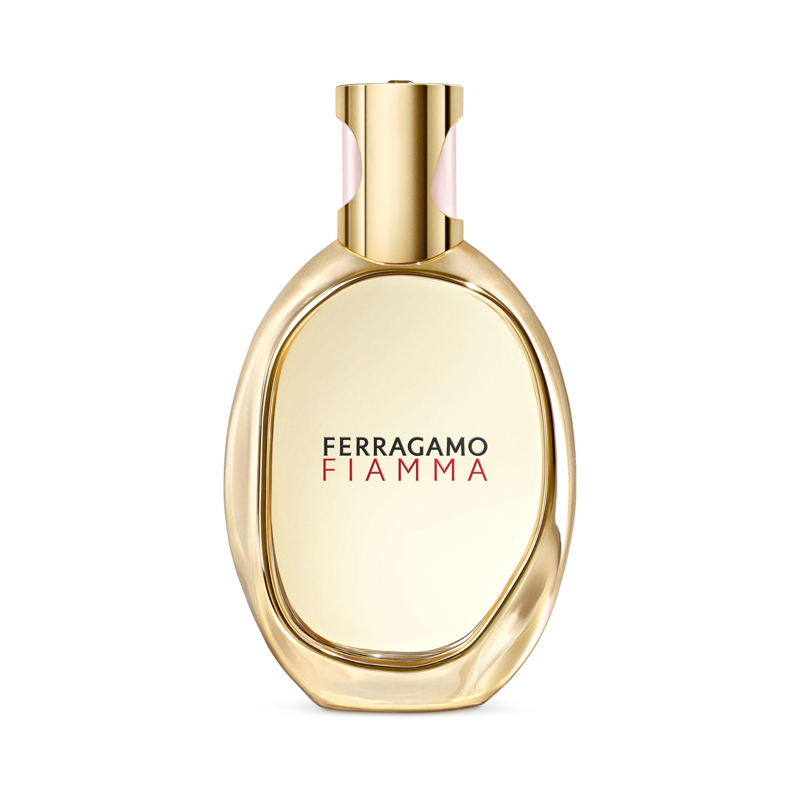 salvatore ferragamo e.d.p.ferragamo fiamma 55ml - foto 1 Flacone di profumo Salvatore Ferragamo Fiamma 55ml, con tappo dorato e bottiglia ovale color champagne