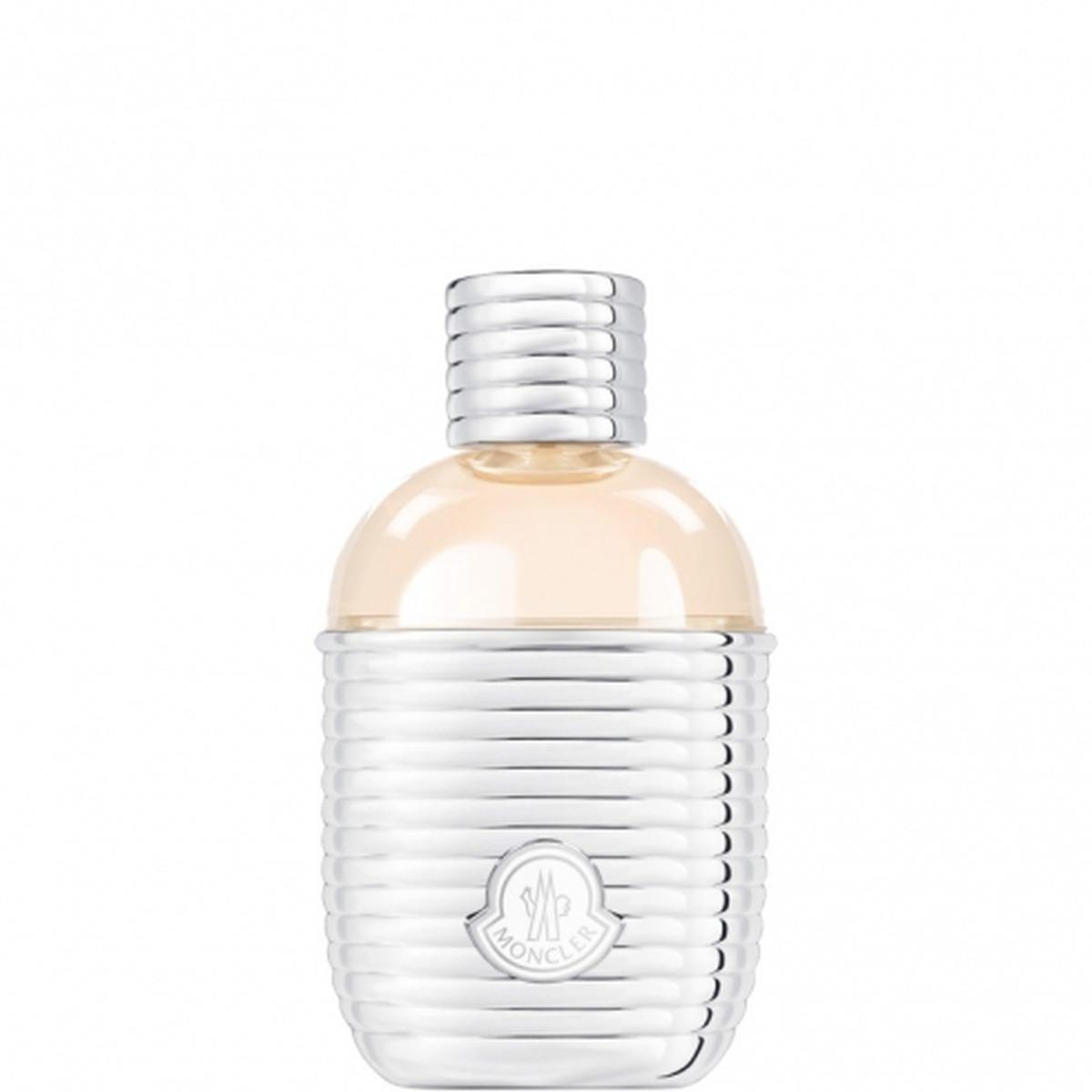 Bottiglia profumo Moncler E.D.P. donna 100 ml, vetro trasparente con banda metallica e tappo rigato