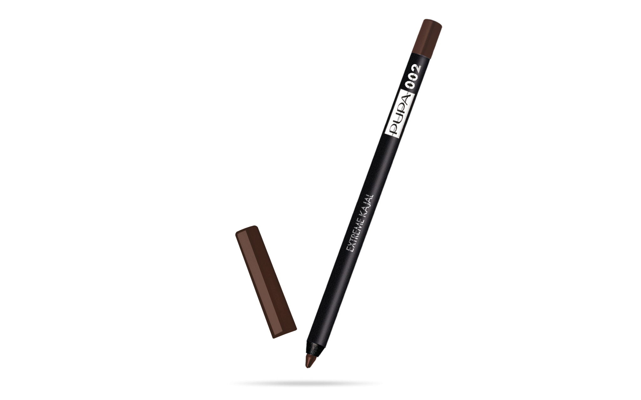 pupa pupa extreme kajal pencil n.002 - foto 1 Matita kajal nera con cap aperto, posizionata a 45 gradi su sfondo nero