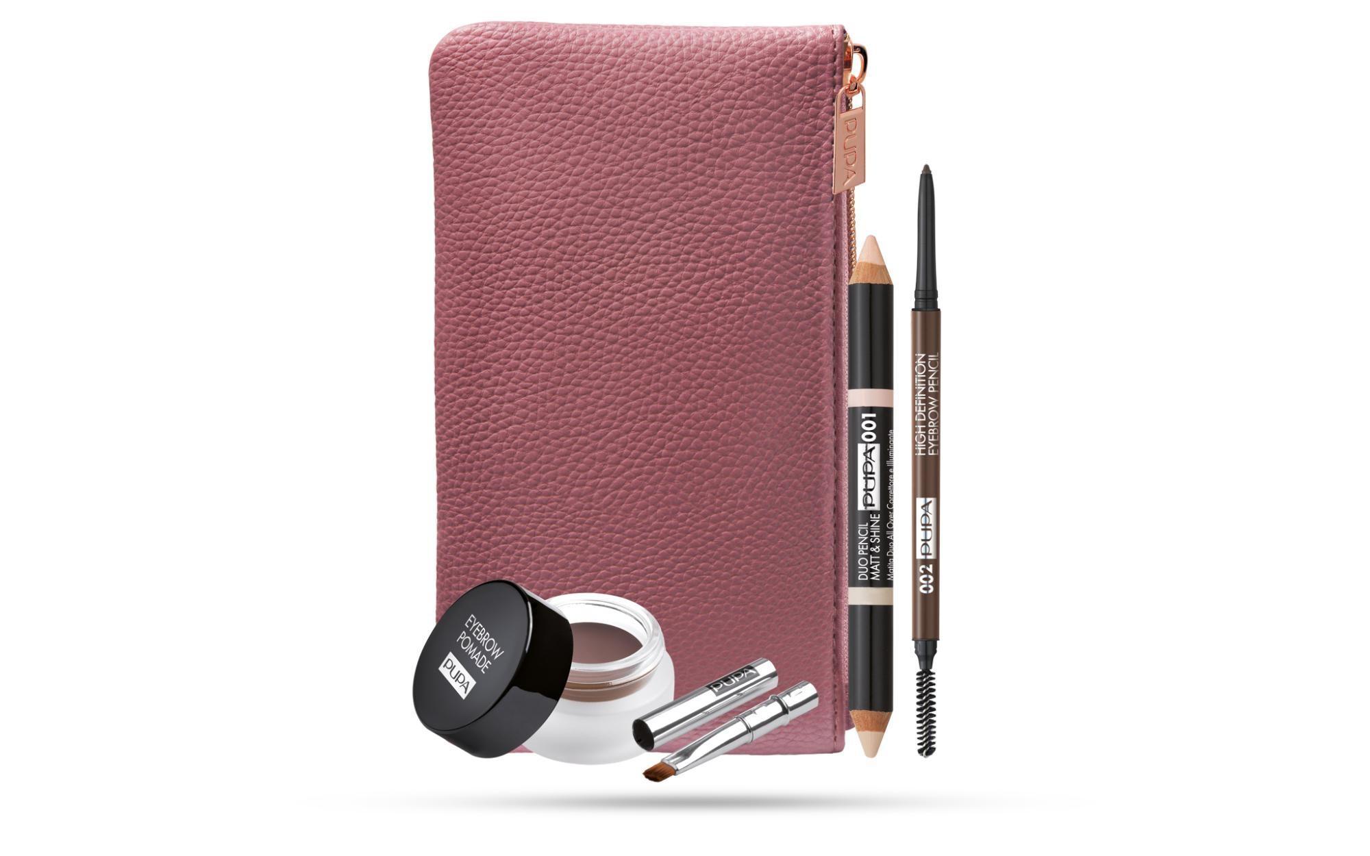 Kit professionale PUPA Eyebrow con custodia rosa, matite e pennelli sopracciglia