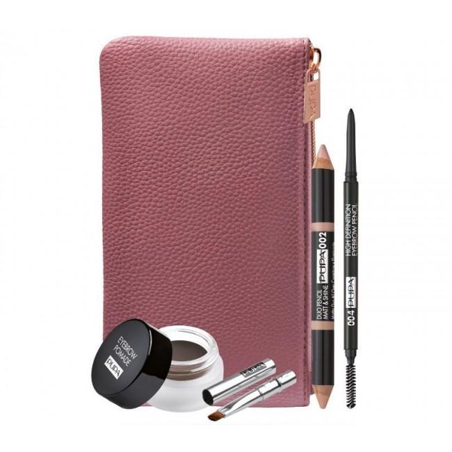 Astuccio rosa in pelle con kit completo: matite, gel, ombretti, pinzette e pennello per sopracciglia
