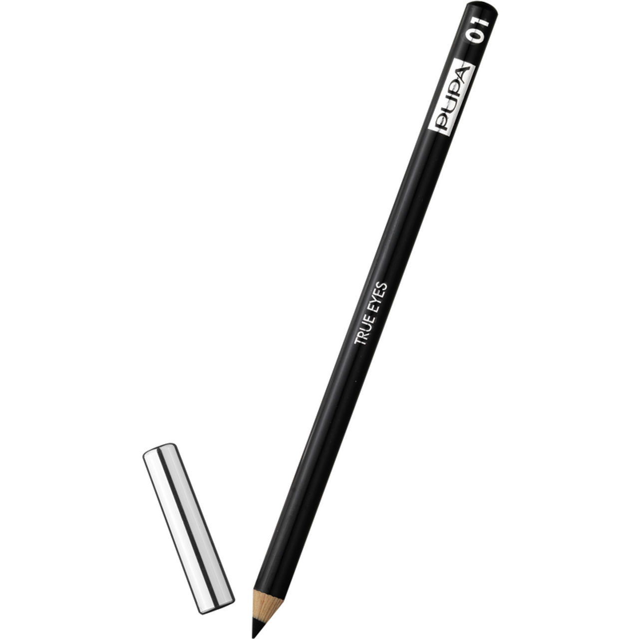Matita nera PUPA True Eyes con tappo bianco, mostrata intera e con coperchio staccato