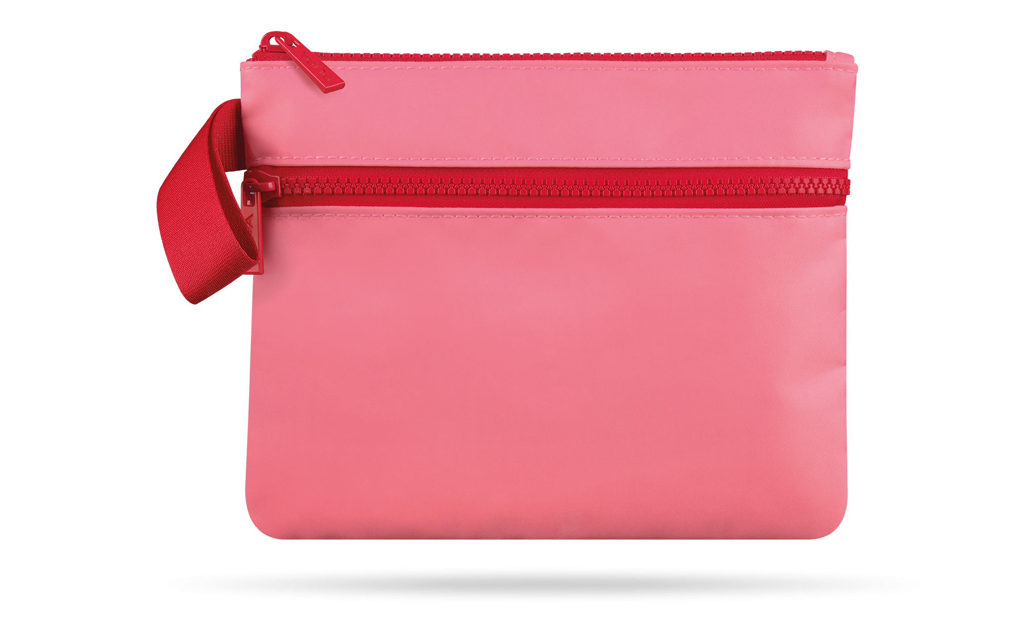 Borsetta clutch rosa con chiusura a cerniera e dettagli rossi