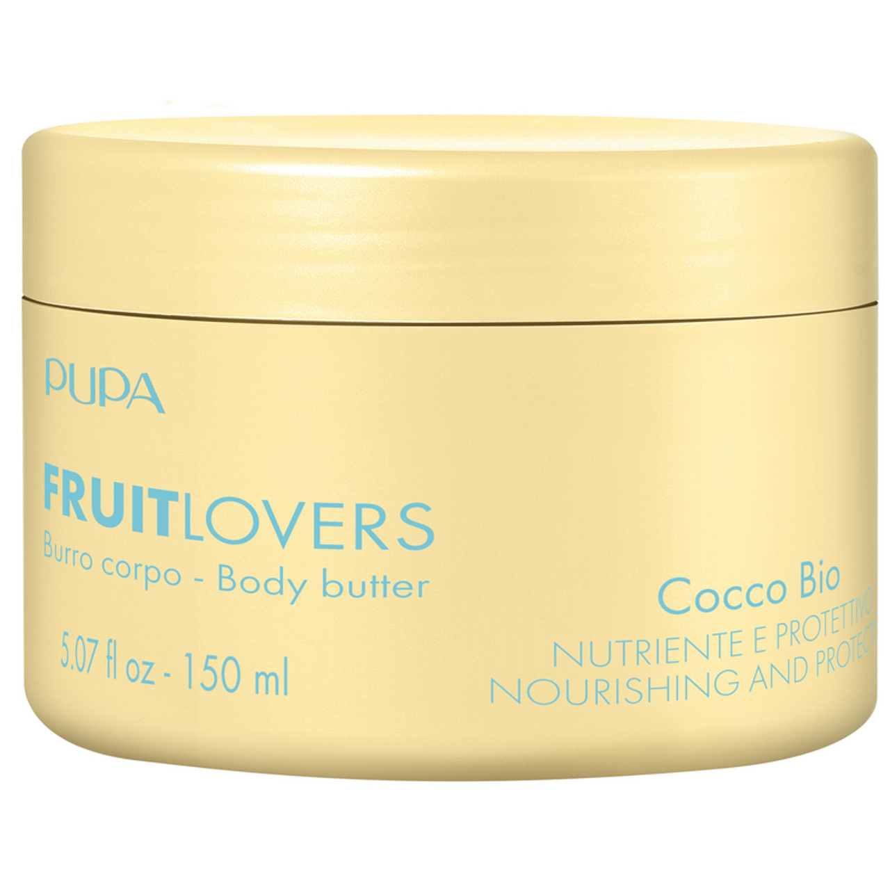 pupa pupa fruit lovers cr.burro cocco - foto 1 Barattolo di crema burro corpo Pupa Fruit Lovers al cocco, formato 150ml, sfondo bianco