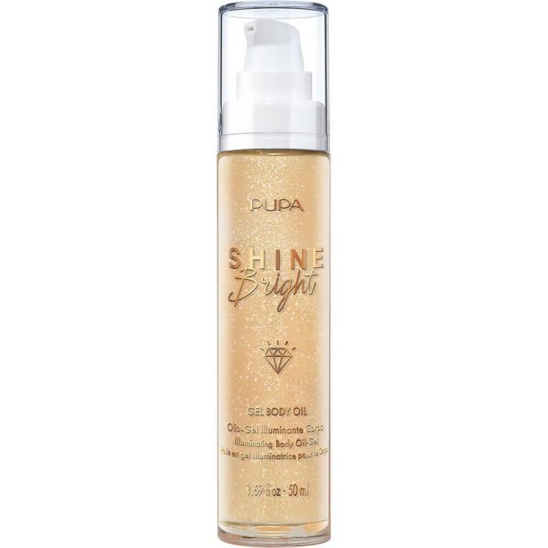 pupa pupa shine bright face&body gel - foto 1 Bottiglia spray trasparente con tappo bianco, liquido dorato, etichetta beige - PUPA SHINE BRIGHT FACE&BODY GEL