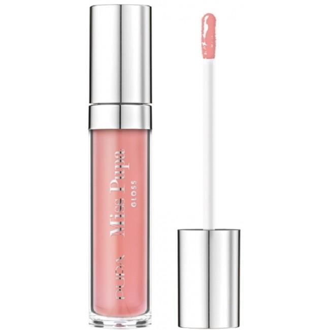 Lucidalabbra rosa in flacone con applicatore, vista aperta su sfondo bianco