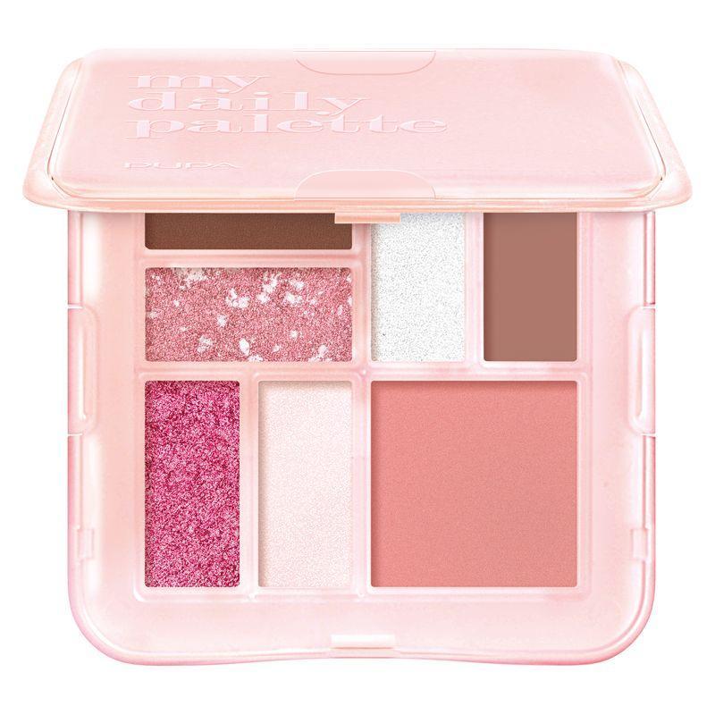 Palette ombretti Pupa My Daily 004 con sei scomparti di glitter rosa, neutri, marrone e rosa salmone