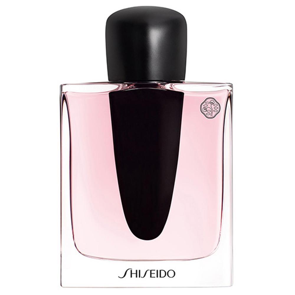 Profumo Shiseido Ginza 90ml, flacone con tappo nero e liquido rosa